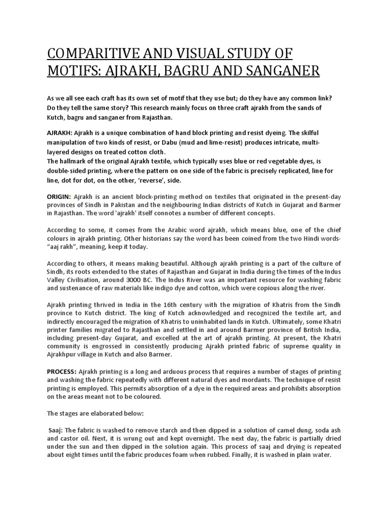 Ajrakh, Bagru, and Sanganer Motifs Study | PDF | Dyeing | Textiles