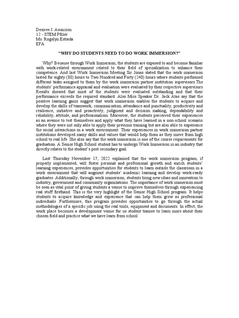 The Benefits of Work Immersion Programs Gaining Valuable Skills and