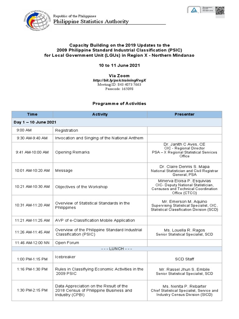 Program of Activities - PSIC Training For LGUs in Region X | PDF