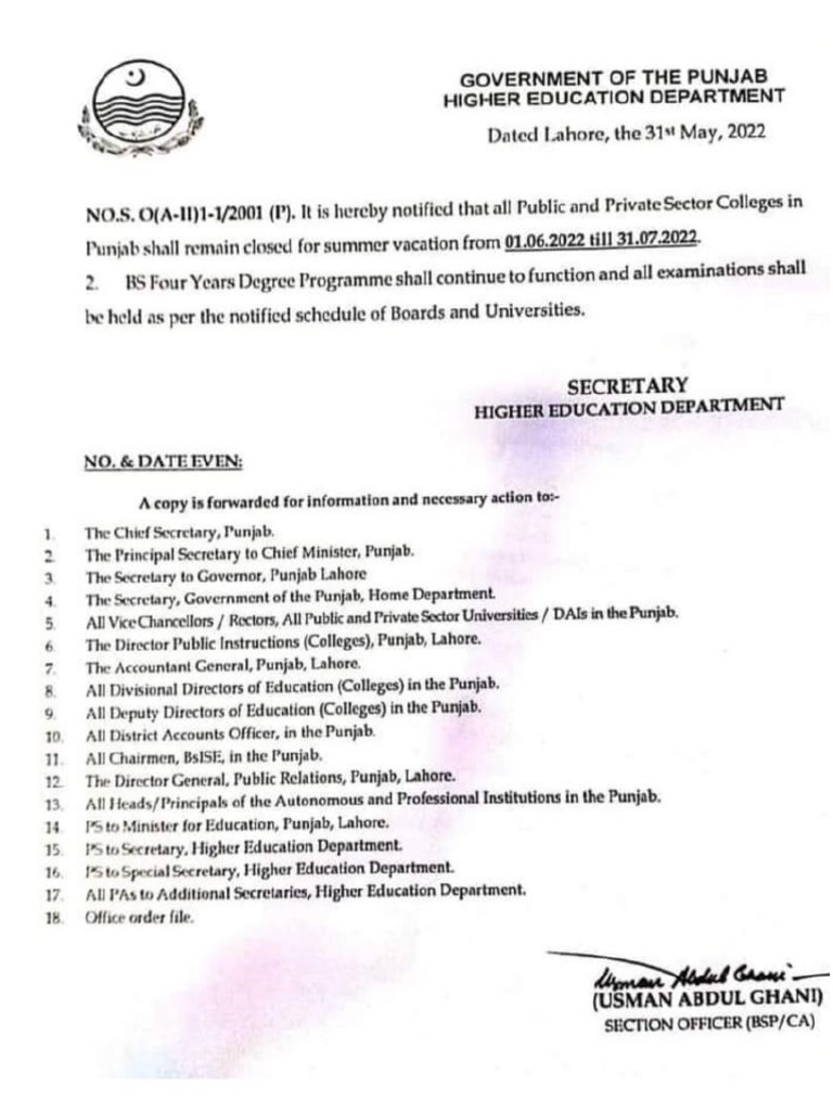 Summer Vacation Notification PDF