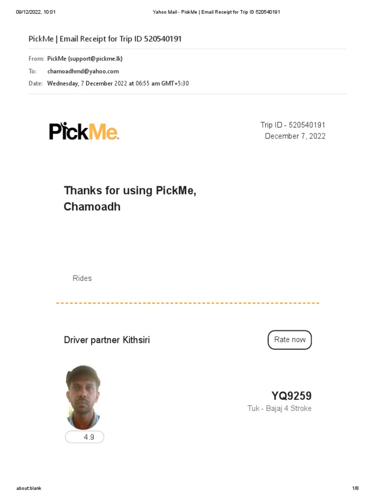 Yahoo Mail PickMe Email Receipt For Trip ID 520540191 PDF Transport