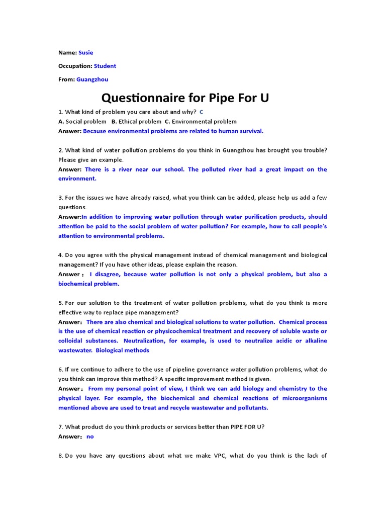 Questionnaire PDF Water Pollution Water