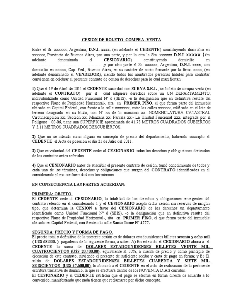 Cesion De Boleto De Compra Venta Pdf Jurisdicción Buenos Aires