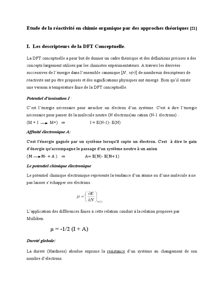 Réactivité en chimie organique : DFT et descripteurs | PDF | Chimie ...