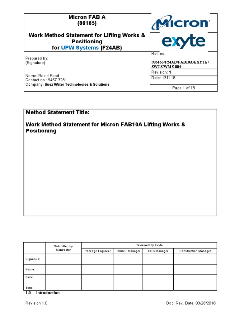 Micron FAB10A Lifting Method Statement | PDF | Crane (Machine) | Forklift