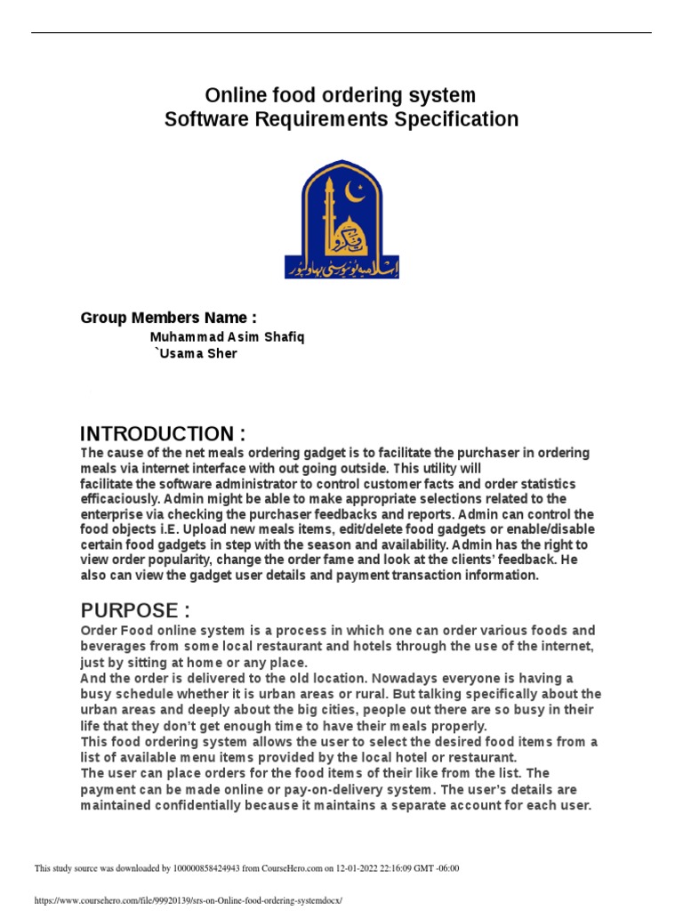 Srs On Online Food Ordering System PDF User