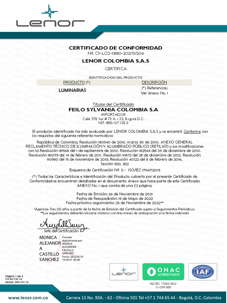 Certificación RETILAP para Luminarias | PDF | Tecnología