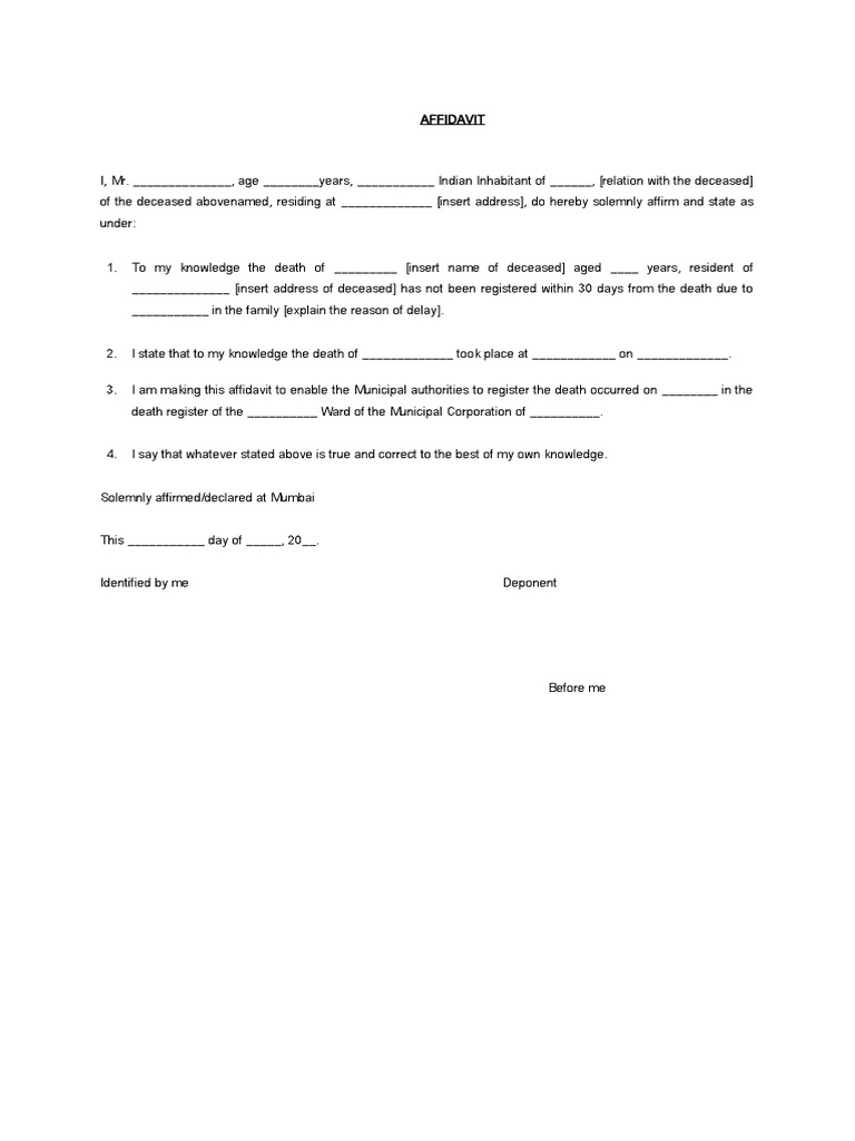 Death Certificate Affidavit Format | PDF | Politics | Social Science