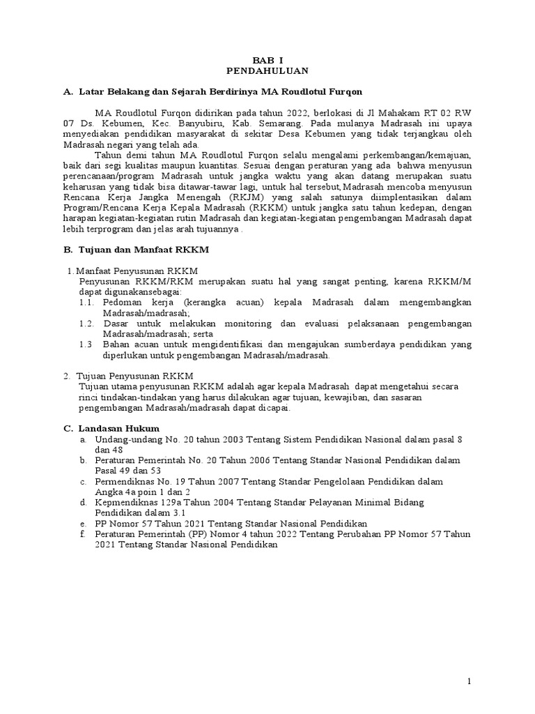 Rencana Kerja Kepala Madrasah (RKKM) | PDF