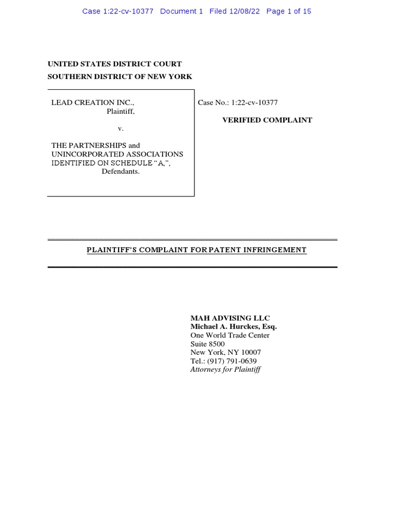 Lead Creation v. Schedule A - Complaint (SDNY) | PDF | Flashlight |  Injunction