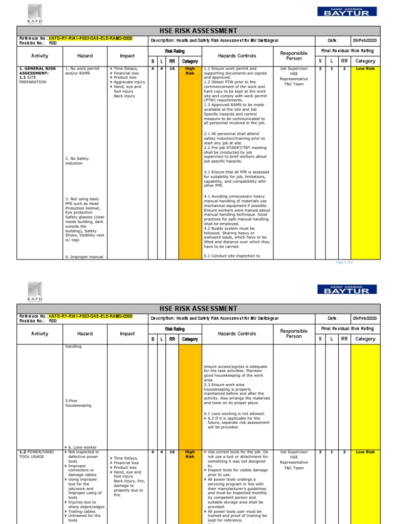 MV Switchgear HSE Risk Assessment | PDF | Personal Protective Equipment ...