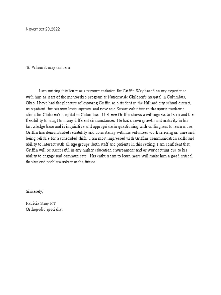 Patricia Shay Recomendation Letter | PDF
