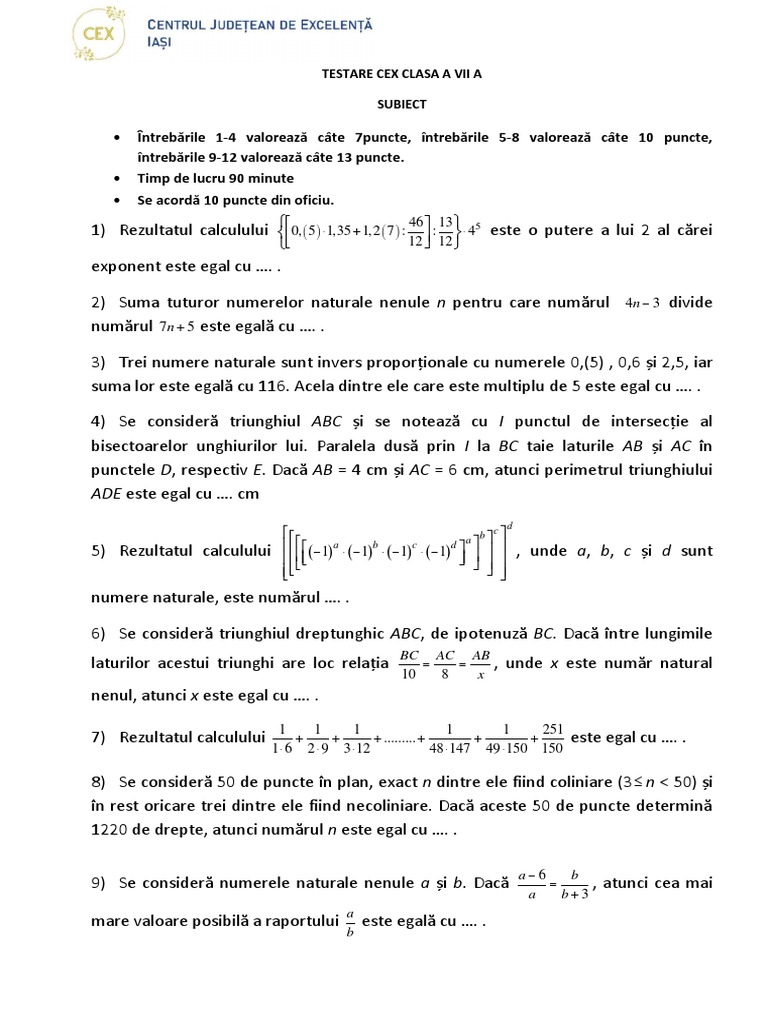 Subiecte Raspunsuri Testare CEX Matematica Clasa A VII A 2022 | PDF