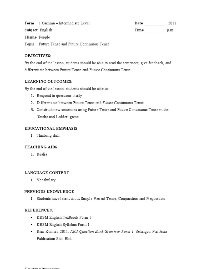 Lesson Plan - Future Tense | English Language | Lesson Plan