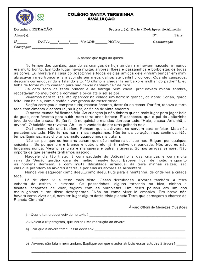 Prova de Recuperação Redação 8º Ano | PDF