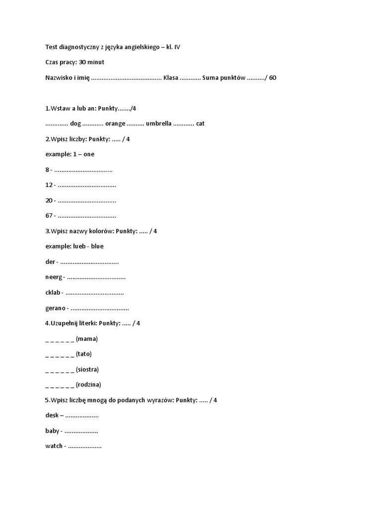 Test Diagnostyczny Z Języka Angielskiego Klasa 1 Szkoła Podstawowa Test Diagnostyczny Z Języka Angielskiego - 4 Klasa | PDF