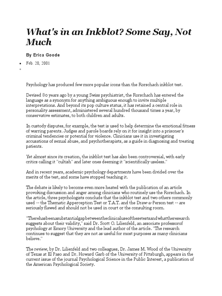 Copy of What's in An Inkblot Some Say Not Much Article | PDF ...