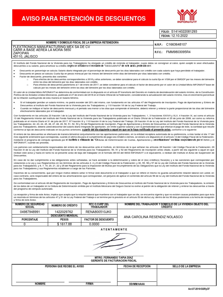 Aviso de Retención de Descuentos | PDF | Salario mínimo | Salario