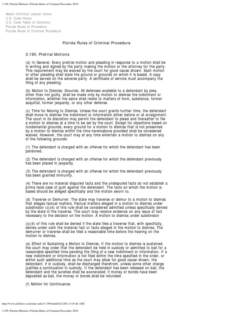 3.190. Pretrial Motions Florida Rules of Criminal Procedure 2010