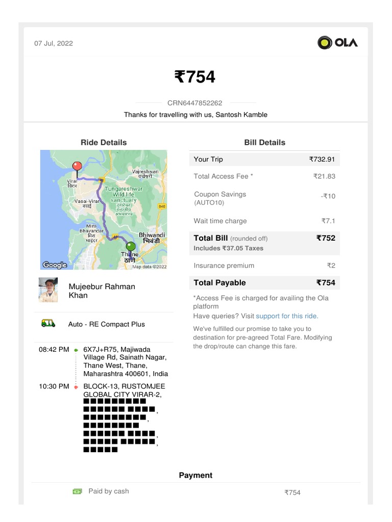 CRN6447852262 Ola Invoice Download Free PDF Invoice Fee