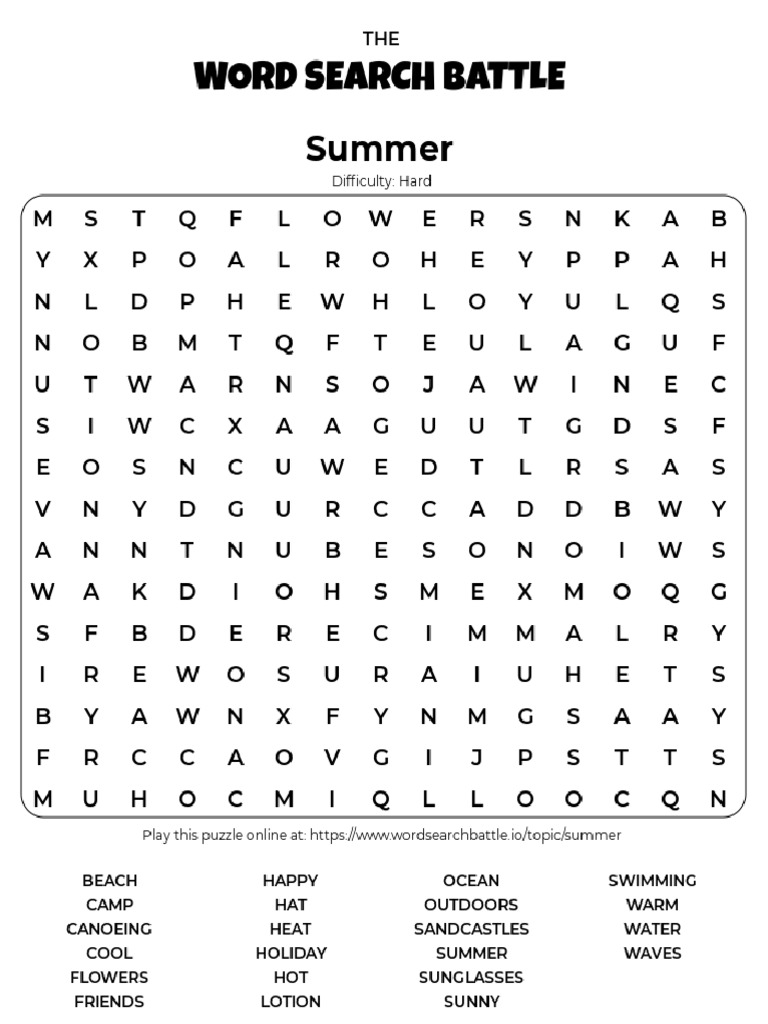 Hard Summer Word Search Printable | PDF