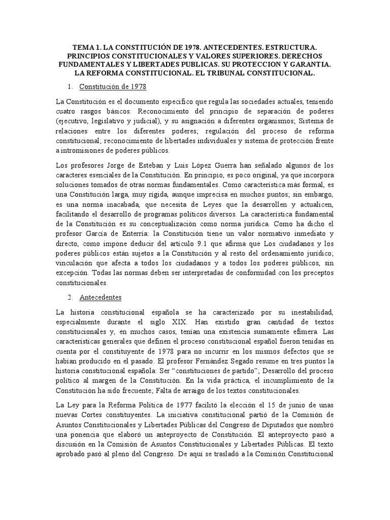 Tema 1 Constitucion 1978 PDF Estado (política) Derechos