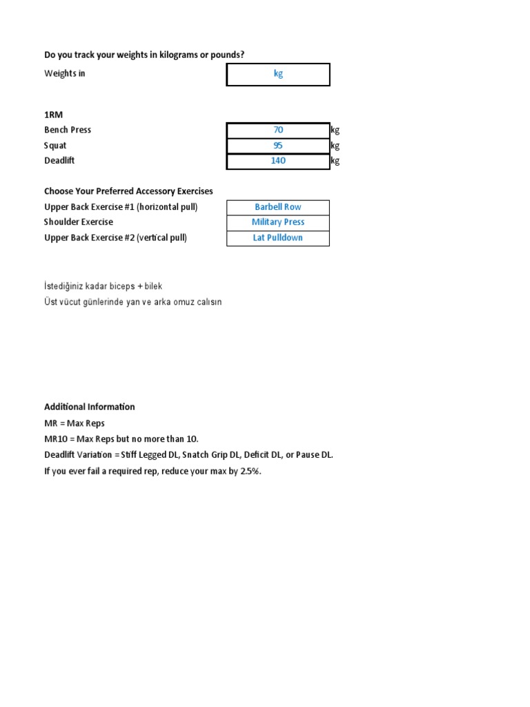 Week 1 Strength Training Program with Weights in Kilograms and
