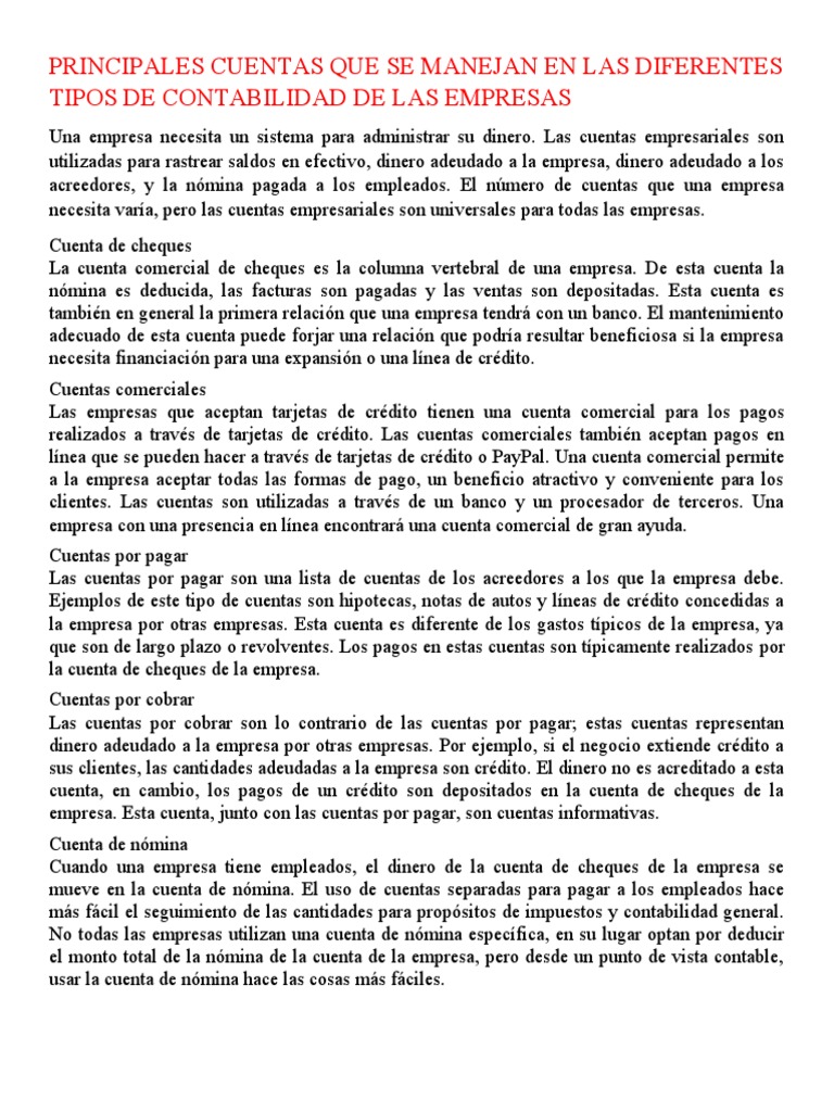 Principales Cuentas Que Se Manejan en Las Diferentes Tipos de ...