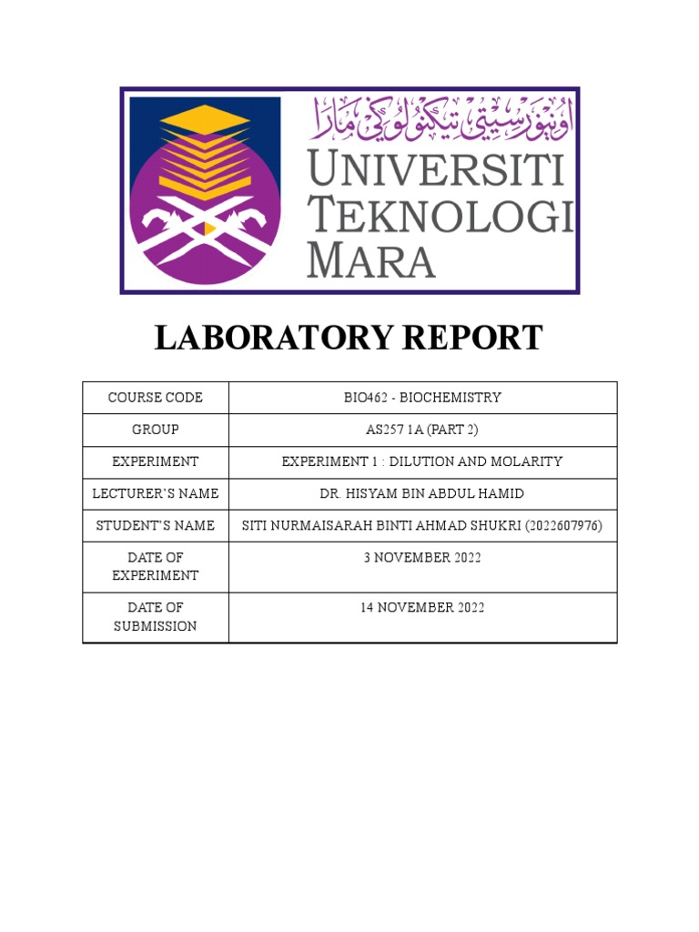 Lab Report 1 Bio462 - Dilution and Molarity | PDF