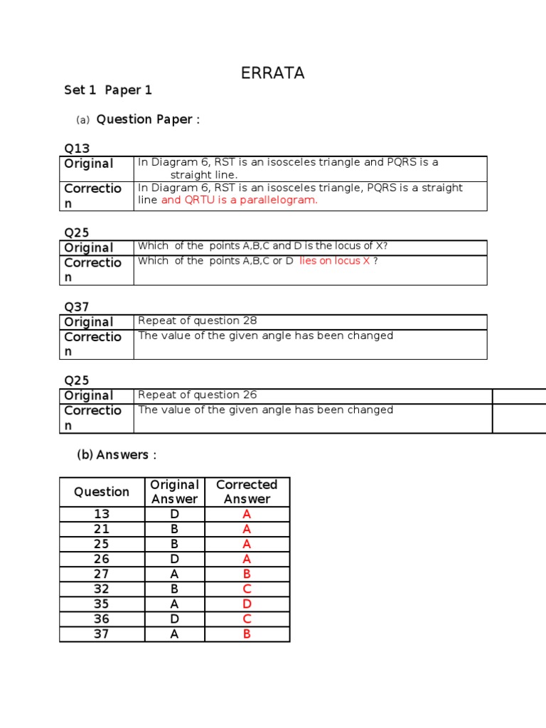 Errata for Exam Papers: Corrections and Updates | PDF | Teaching ...