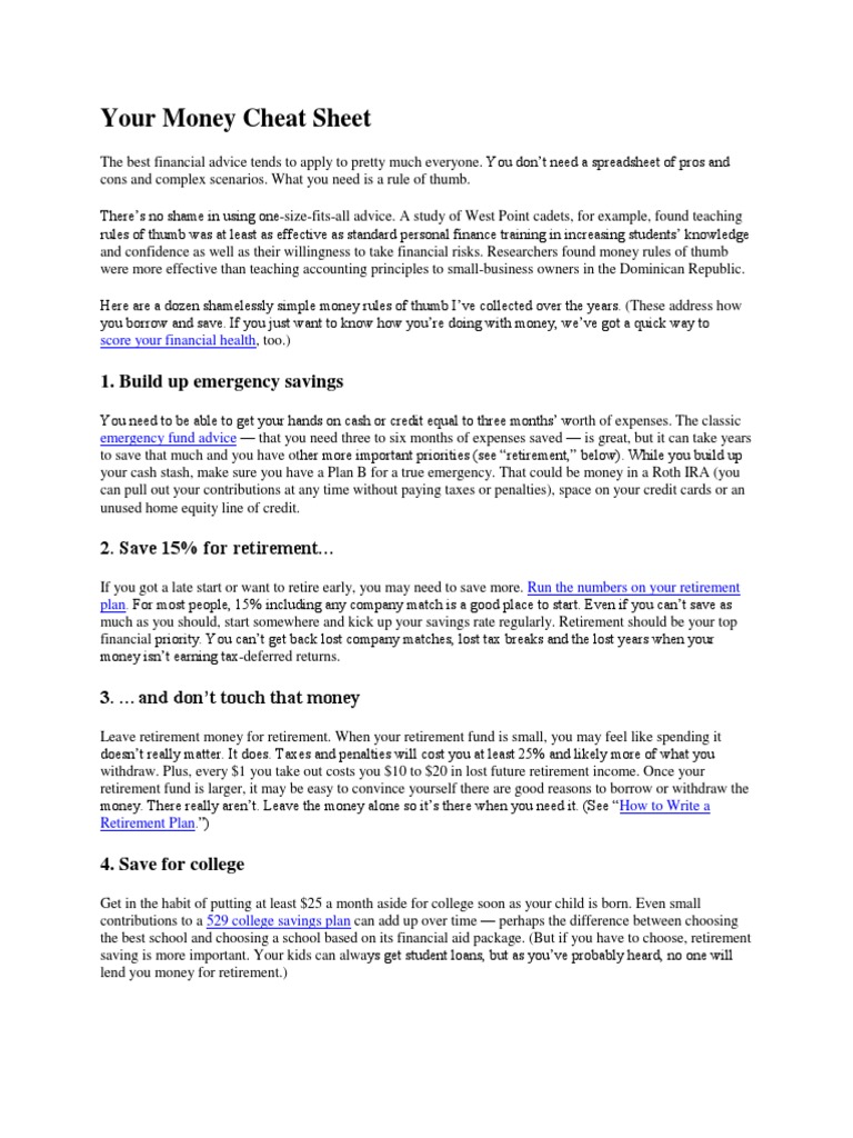 Your Money Cheat Sheet Download Free PDF Mortgage Loan Debt