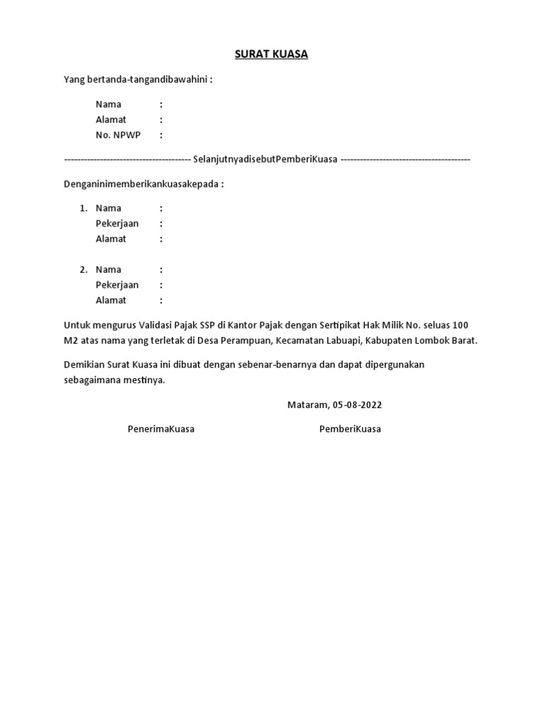 Surat Kuasa Validasi Pajak PPH | PDF