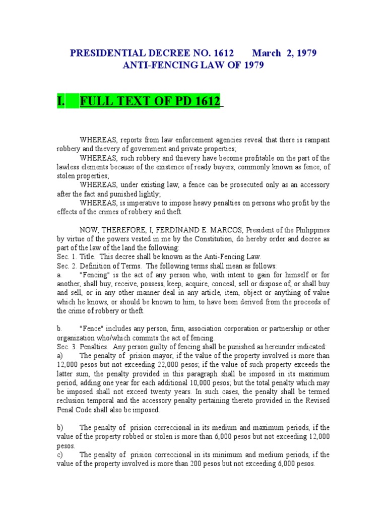 Regulating the Sale of Stolen Goods: Presidential Decree No. 1612 ...