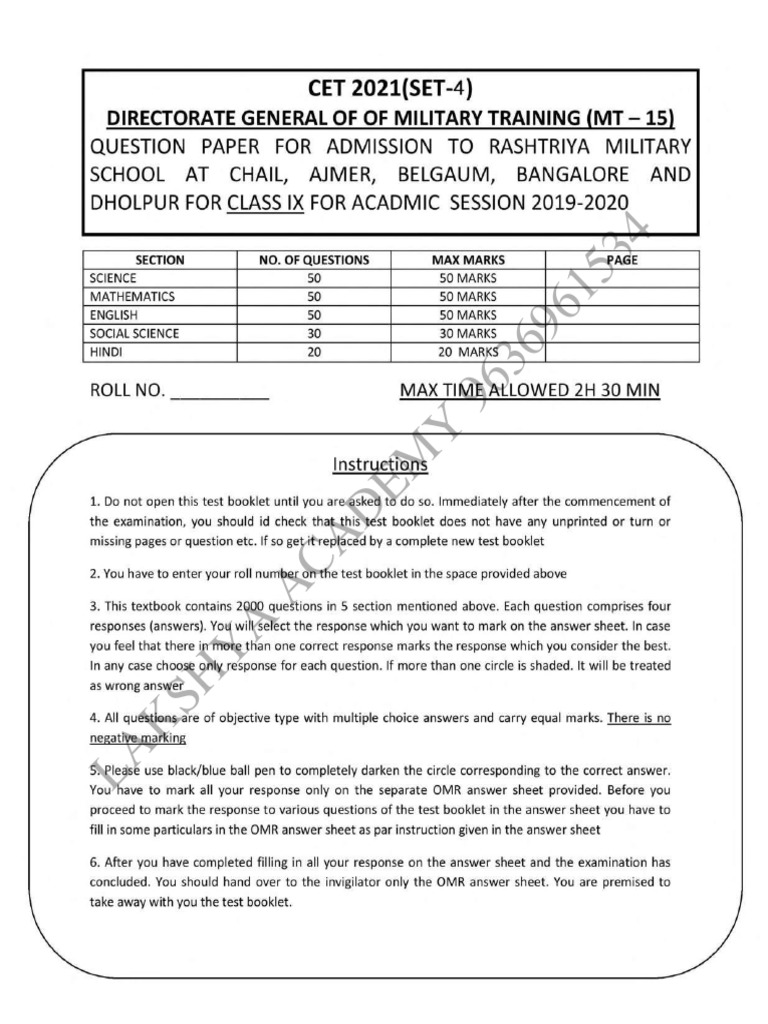 RMS Cet Mock004 For Class 9TH PDF