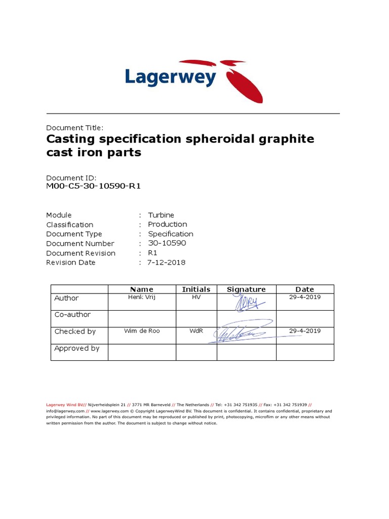 Casting Specification Spheroidal Graphite Cast Iron Parts Document