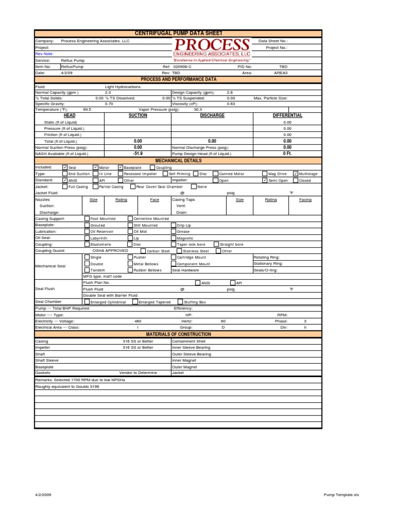 Pump Inspection Sheet