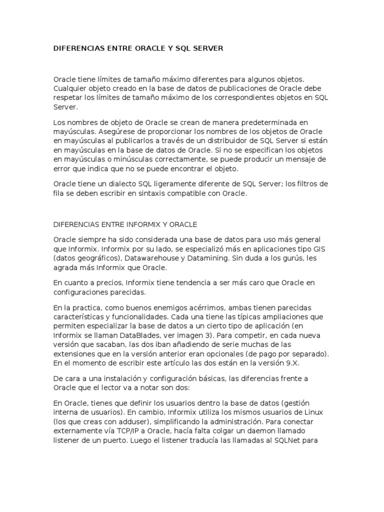Diferencias entre Oracle y SQL Server | PDF | Servidor SQL de Microsoft ...