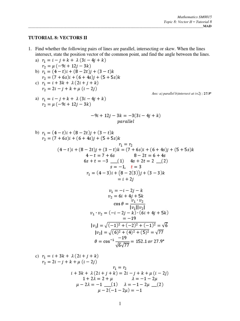 Tutorial 8 - Vectors - Ii - Answer Scheme | PDF | Plane (Geometry) | Angle