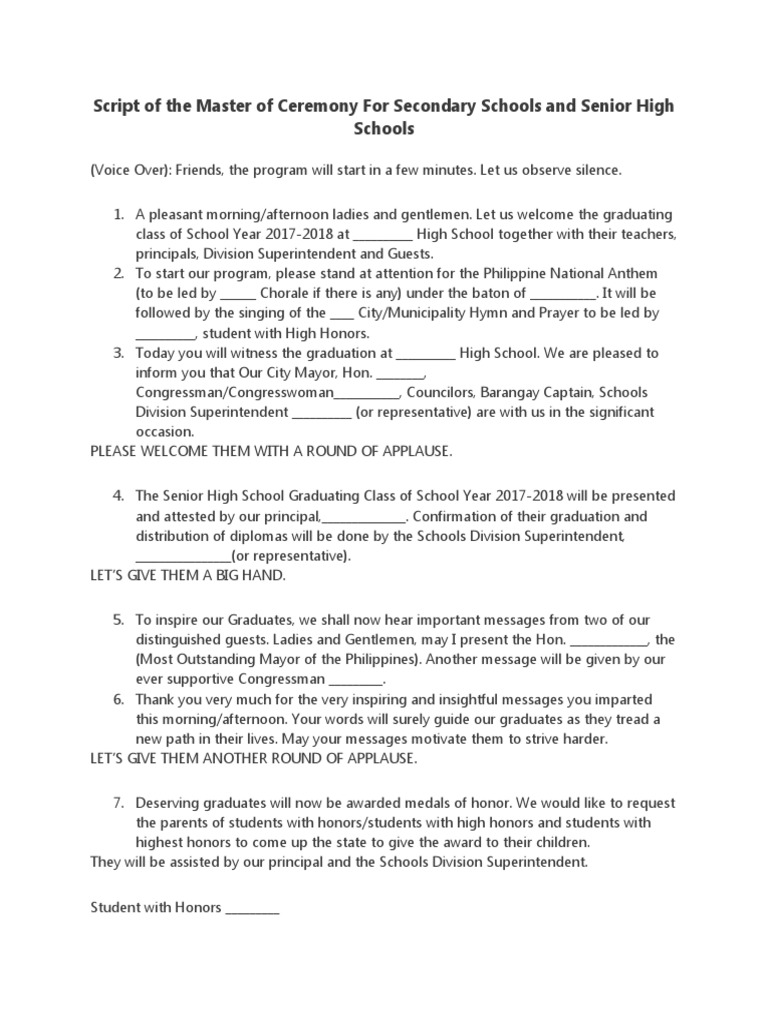 Graduation Ceremony Script for High School | PDF