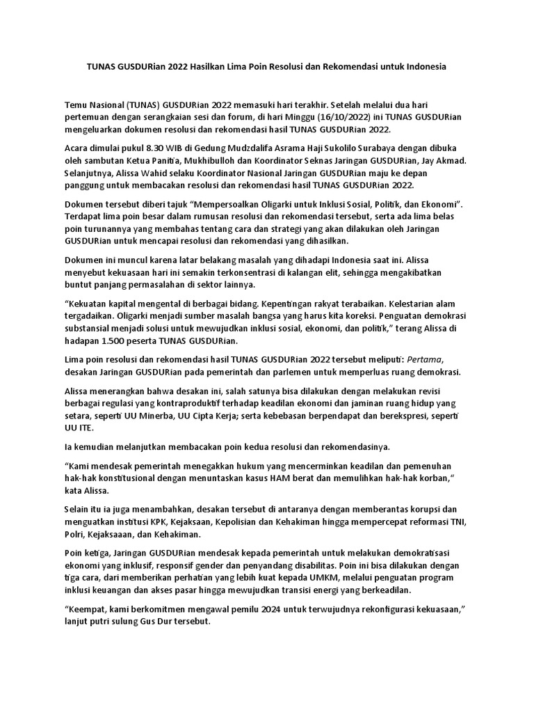 Press Release Hasil TUNAS GUSDURian 2022 PDF