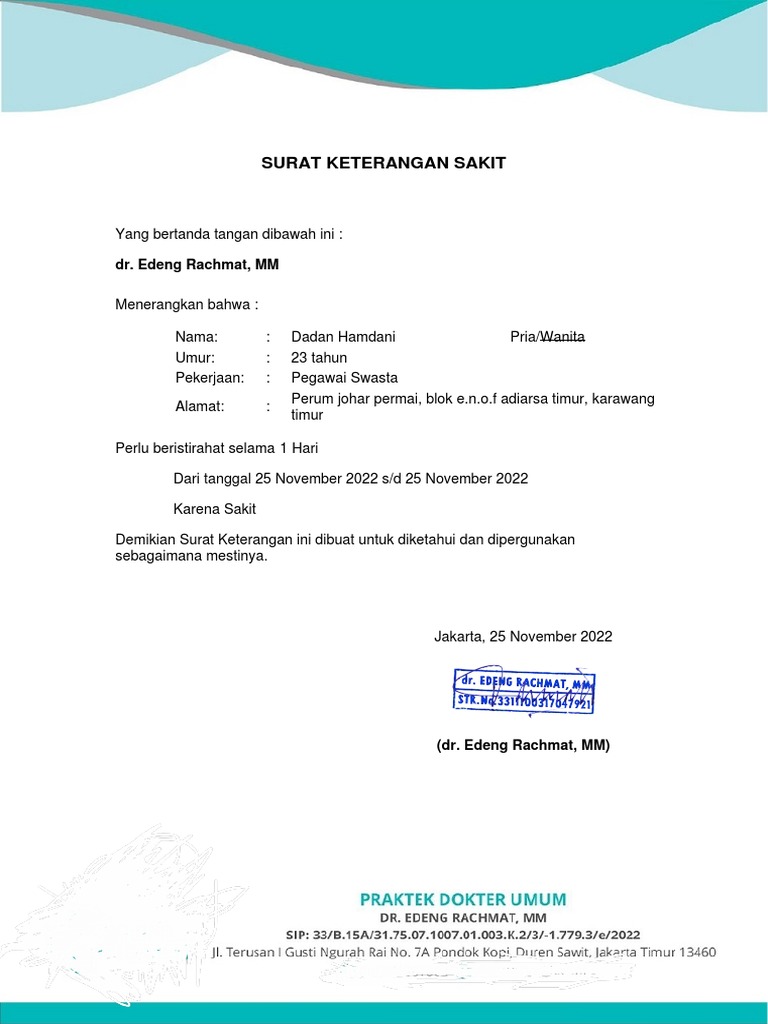 Surat Keterangan Sakit Dadan Hamdani | PDF | Pengelolaan Keuangan & Uang