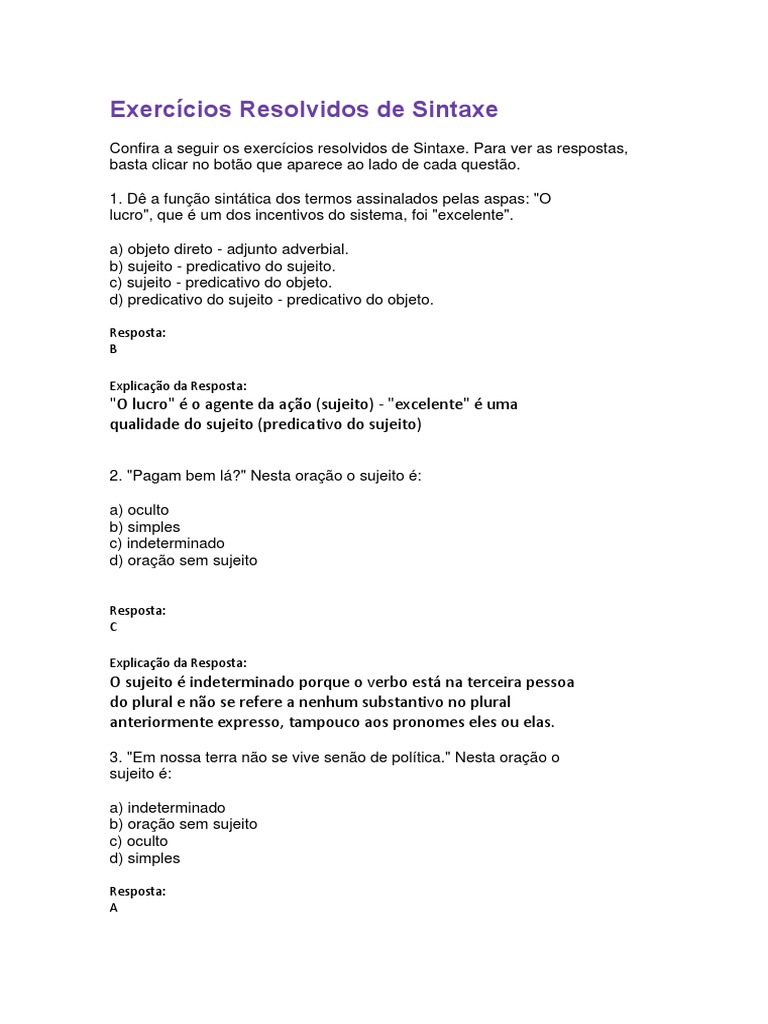 Exercícios Resolvidos de Sintaxe | PDF | Assunto (gramática) | Pronome