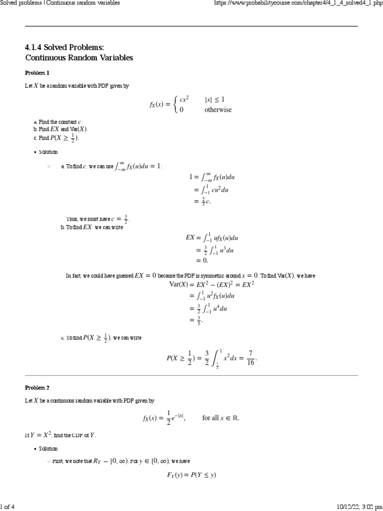 Solved Problems on Continuous Random Variables | PDF | Probability ...