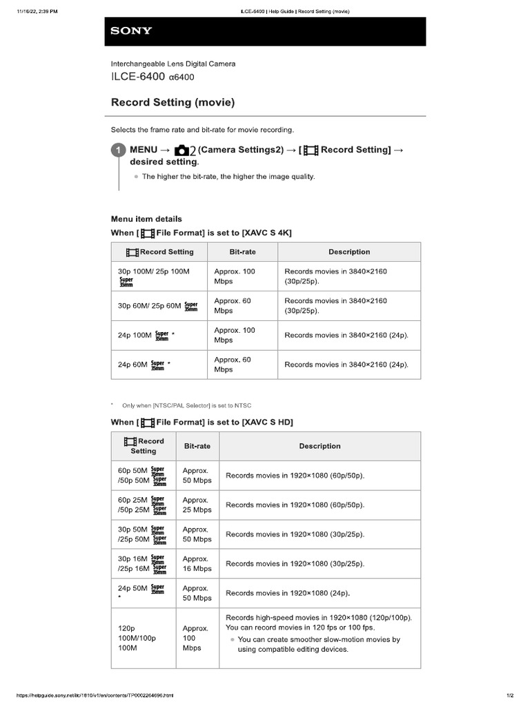 ILCE6400 Help Guide Record Setting (Movie) PDF
