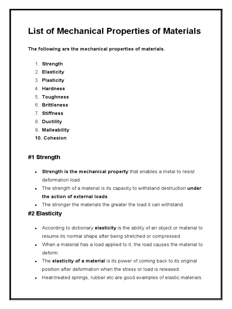 List of Mechanical Properties of Materials PDF Deformation
