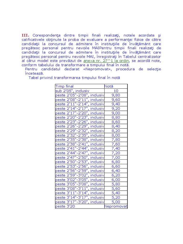 Tabel Privind Transformarea Timpului Final in Nota | PDF