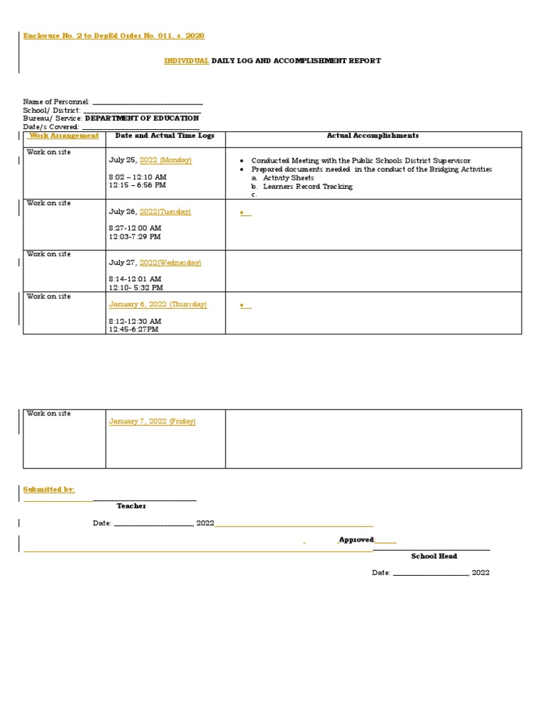 Individual Daily Accomplishment Log | PDF