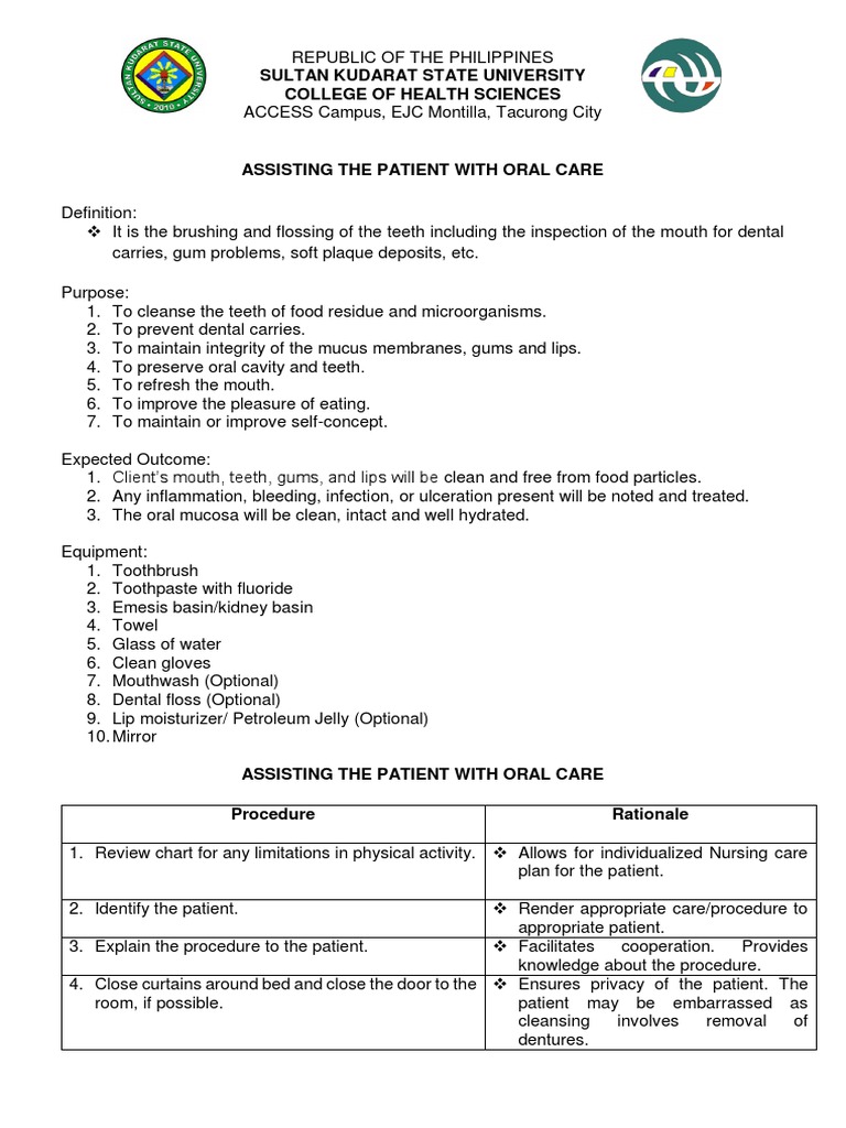 Oral Care Procedure and Rationale PDF Oral Hygiene Toothbrush