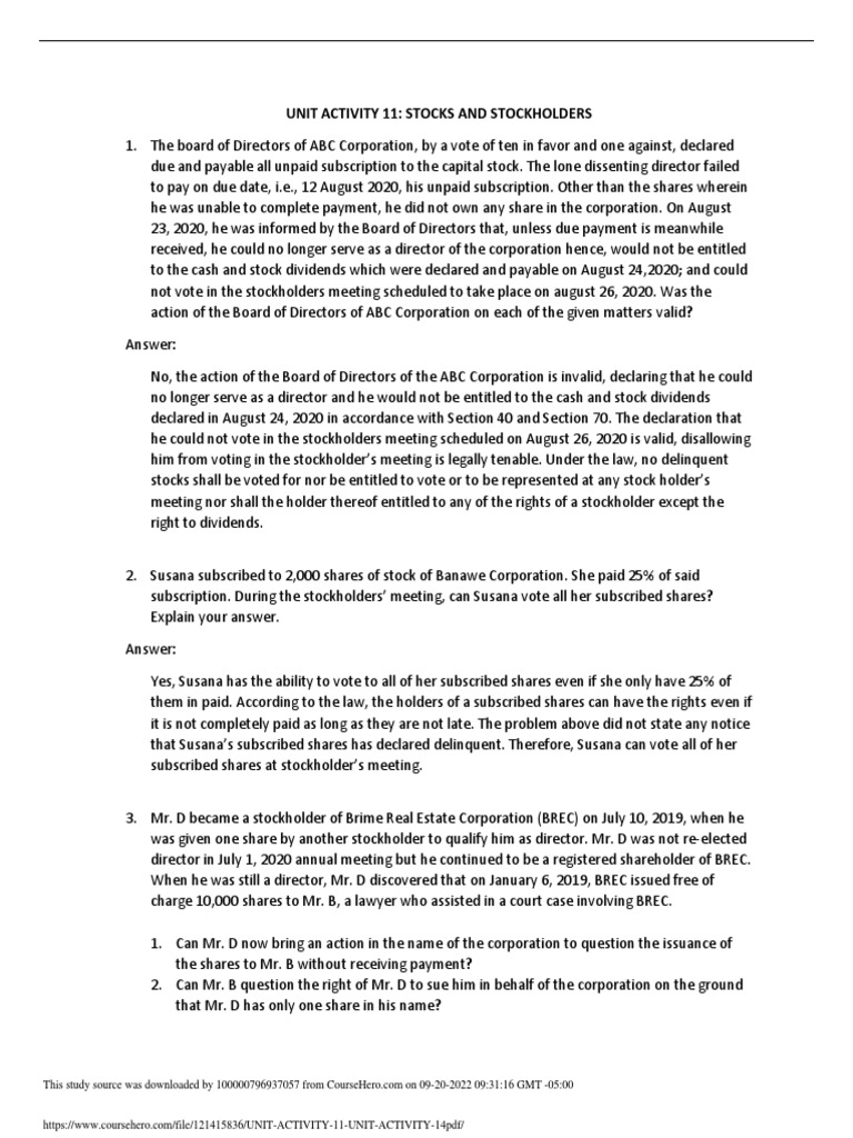 Unit Activity 11 Unit Activity 14 PDF | PDF | Shareholders | Stocks