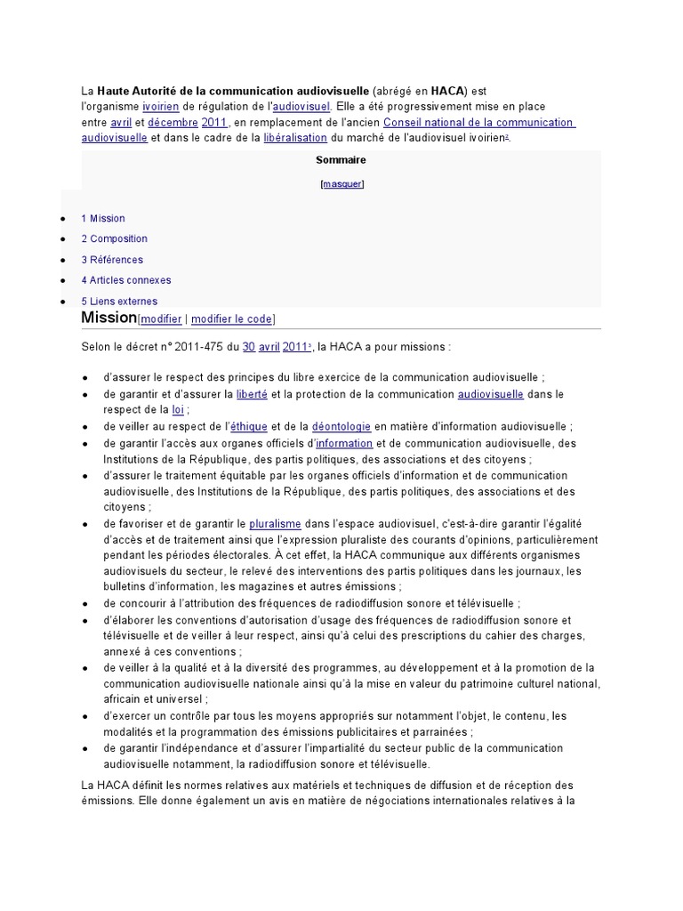 Rôle et missions de la HACA en Côte d'Ivoire | PDF | la communication ...